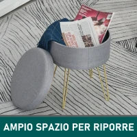 Homcom Sgabello Rotondo con Vano Contenitore in Tessuto Grigio e Oro 36x36x45cm