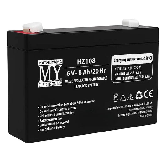 Batteria piombo 6v 8ah agm matsuyama hz108 sigillata faston 4.8mm