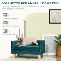 Divanetto per Cani e Gatti Stile Scandinavo con Cuscino Imbottito in Velluto e Legno, 64x45x36cm, Blu