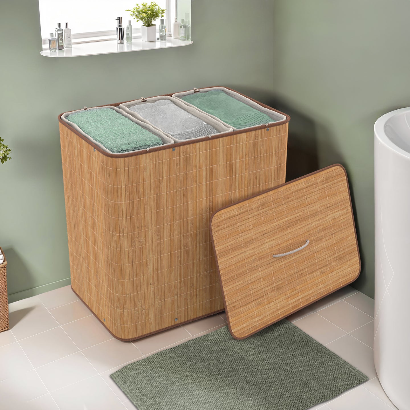 IDMarket - ALBA cesto de la ropa de bambú, 3 cubos, tejido crudo