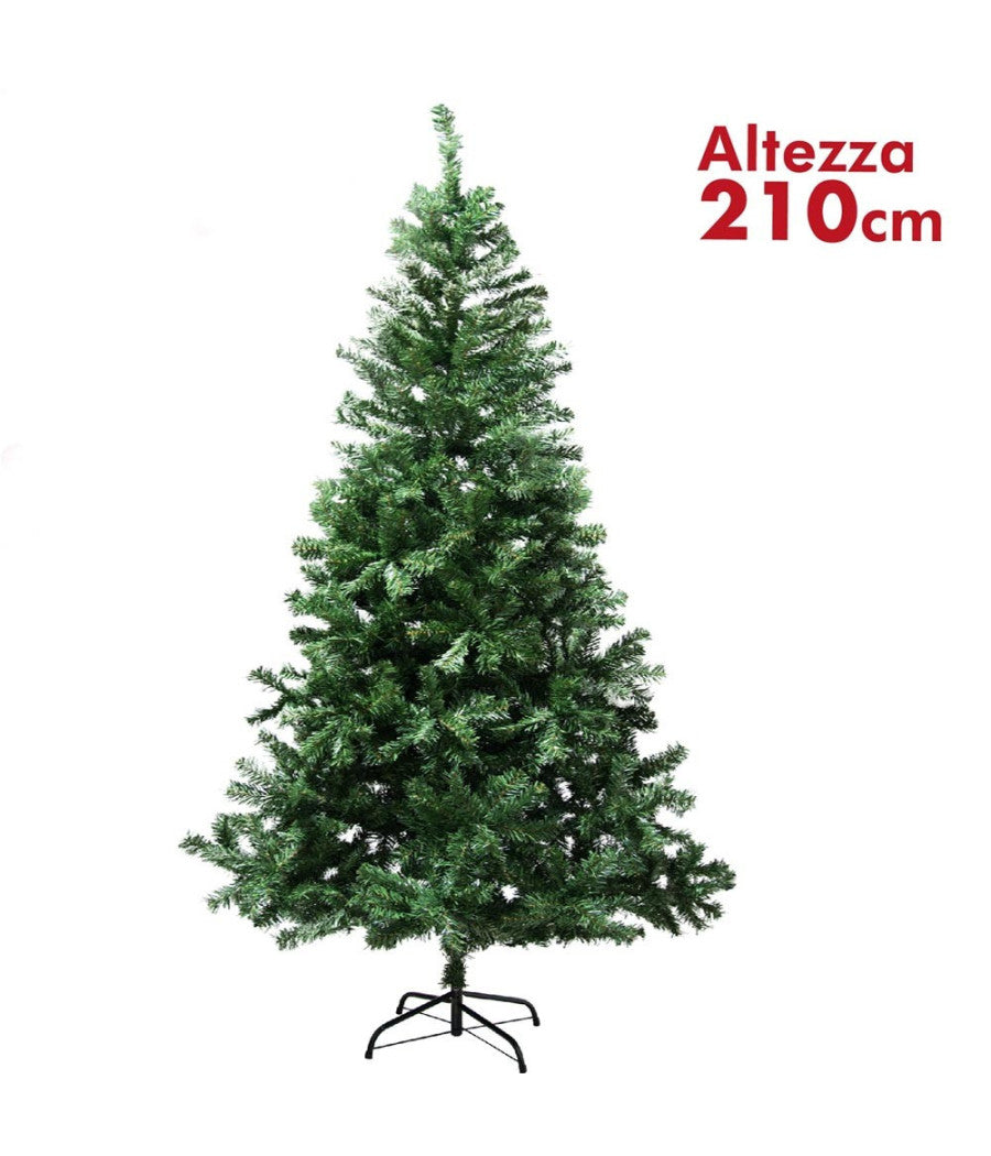 Albero Di Natale 210cm Rami Pino Verde Super Folto Base A Croce In Metallo         