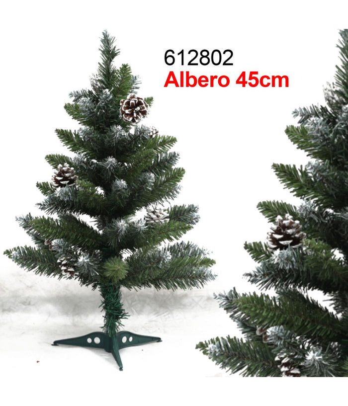 Albero Di Natale 45 Cm Verde Effetto Innevato Con Pigne Decorazioni Addobbi         
