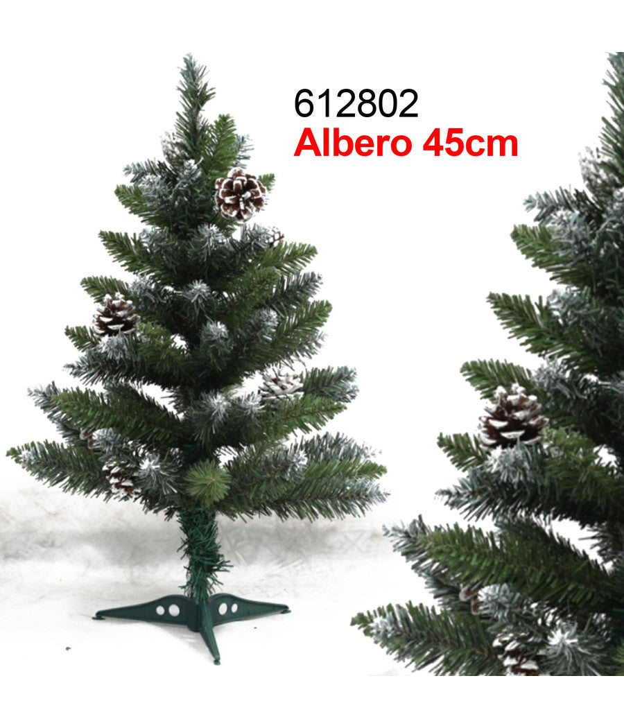 Albero Di Natale 45 Cm Verde Effetto Innevato Con Pigne Decorazioni Addobbi         