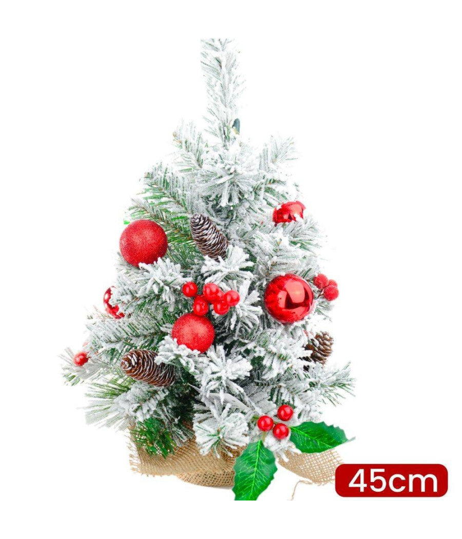Albero Di Natale Effetto Innevato Dim. 45 Cm Con Decori Rossi Pigne Neve         