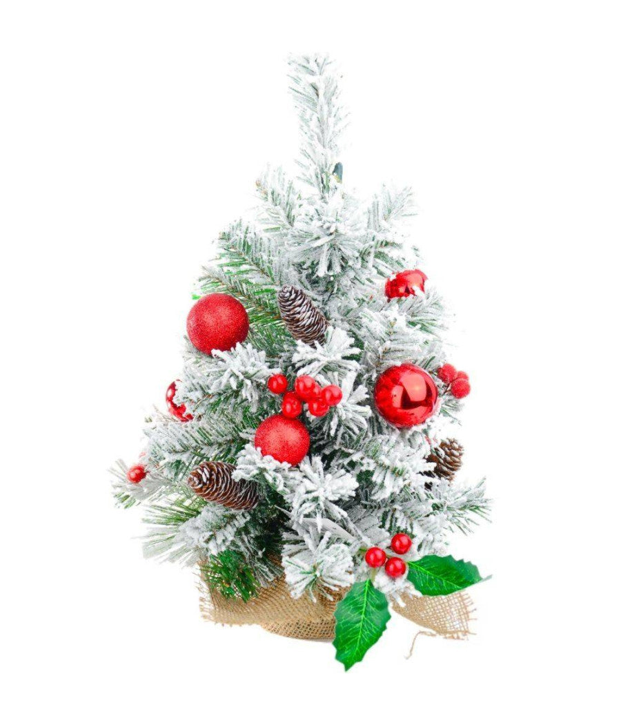 Albero Di Natale Effetto Innevato Dim. 60 Cm Con Decori Rossi Pigne Neve         