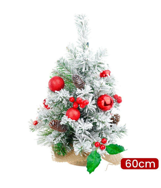 Albero Di Natale Effetto Innevato Dim. 60 Cm Con Decori Rossi Pigne Neve         
