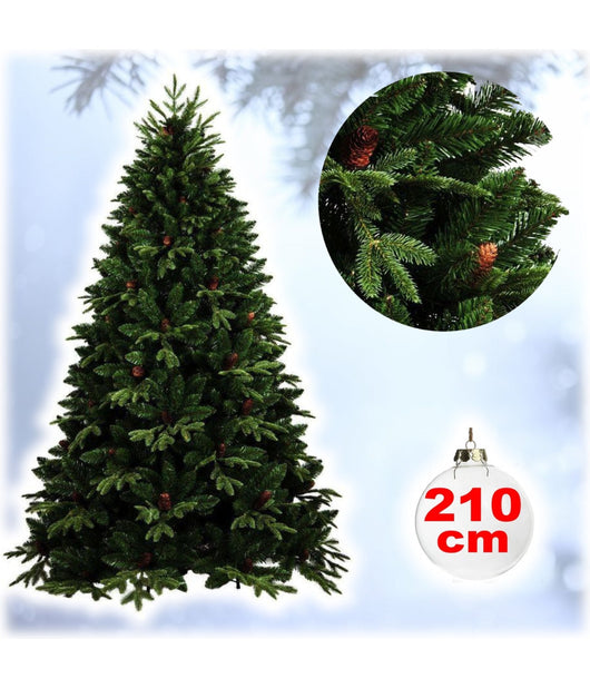 Albero Di Natale Folto Artificiale 210cm Verde Con Pigne 900 Rami Base A Croce         