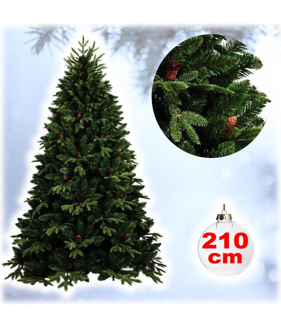 Albero Di Natale Folto Artificiale 210cm Verde Con Pigne 900 Rami Base A Croce         