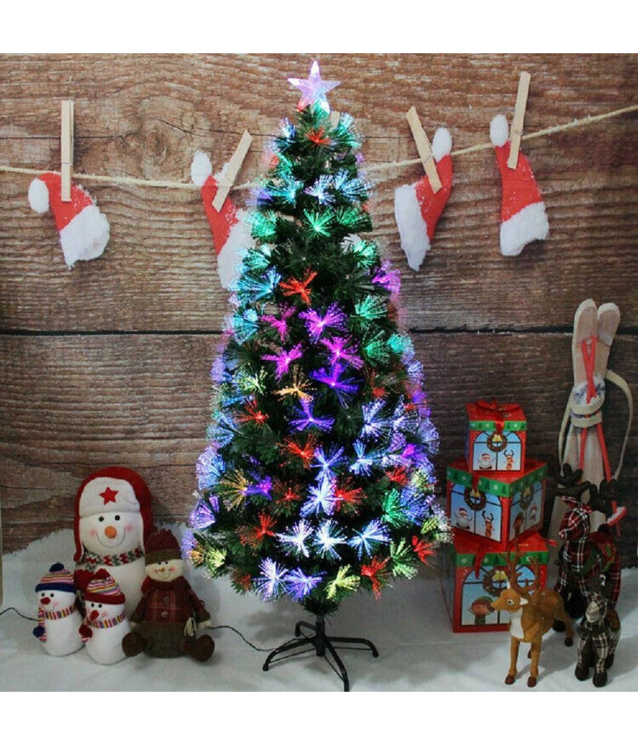 Albero Di Natale In Fibra Ottica 150cm Verde Multicolori Con Punta Stella A Led         