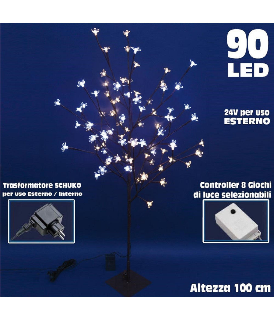 Albero Di Natale Luminoso Ciliegio Per Esterno 90 Led 100 Cm Bianco Freddo Caldo         