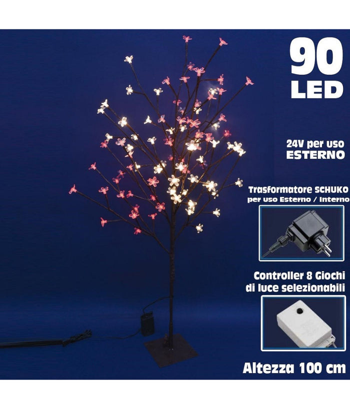 Albero Di Natale Luminoso Ciliegio Per Esterno 90 Led 100cm Bianco Caldo E Rosso         
