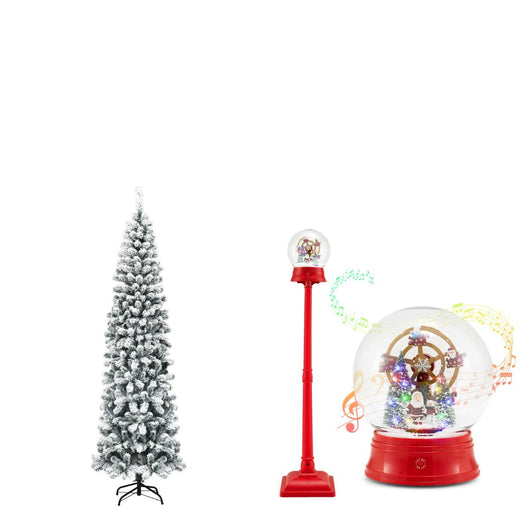 Abete artificiale 225cm pvc e lampione natale musicale 15 led, Abete innevato pieghevole e globo neve rotante panoramica-Natale