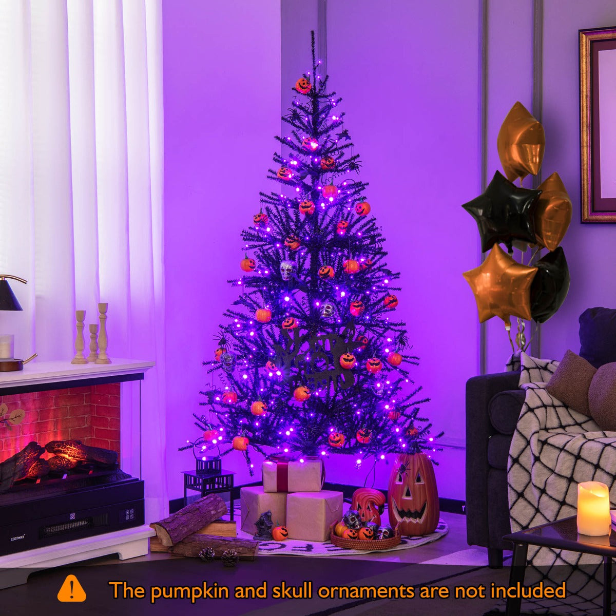 Albero artificiale di Halloween inclinato pre-Illuminato, Albero con 791 punte di rami in PVC 250 Luci LED 183cm-Alberi di Natale