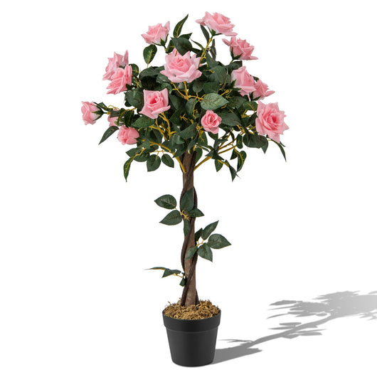 Albero artificiale con fiori vaso tronco in legno reale da 93cm, Albero di fiori finti in vaso Verde-Piante artificiali
