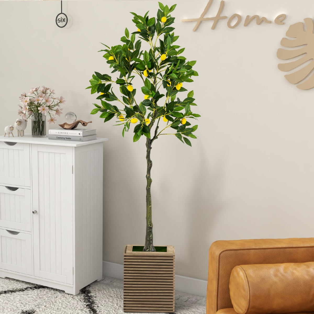 Albero di limone artificiale alto 160 cm con frutti di limone vaso di cemento fogliame, Pianta di limone finto-Piante artificiali