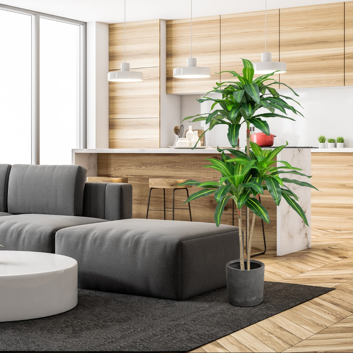 Albero artificiale alto 140cm con 92 foglie e vaso di cemento incorporato, Pianta finta dracaena realistica-Piante artificiali