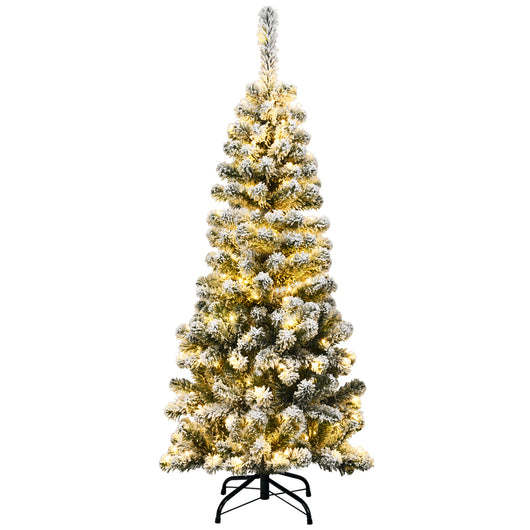 Albero artificiale di Natale, Abete innevato illuminato con luci LED aghi in PVC base pieghevole di metallo 135cm-Alberi di Natale