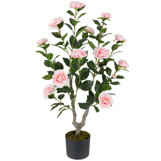Albero di camelia artificiale da 90 cm, Pianta finta con fiori in vaso da vivai, Rosa e Verde-Piante artificiali