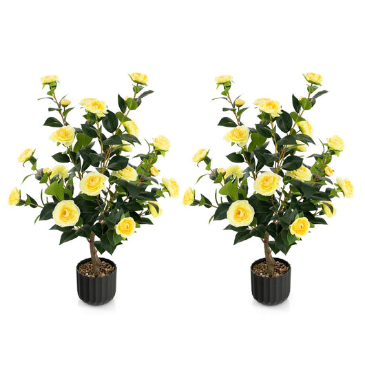 Albero di camelia artificiale da 95cm, Pianta artificiale con fiori finti in vaso di cemento Giallo-Piante artificiali