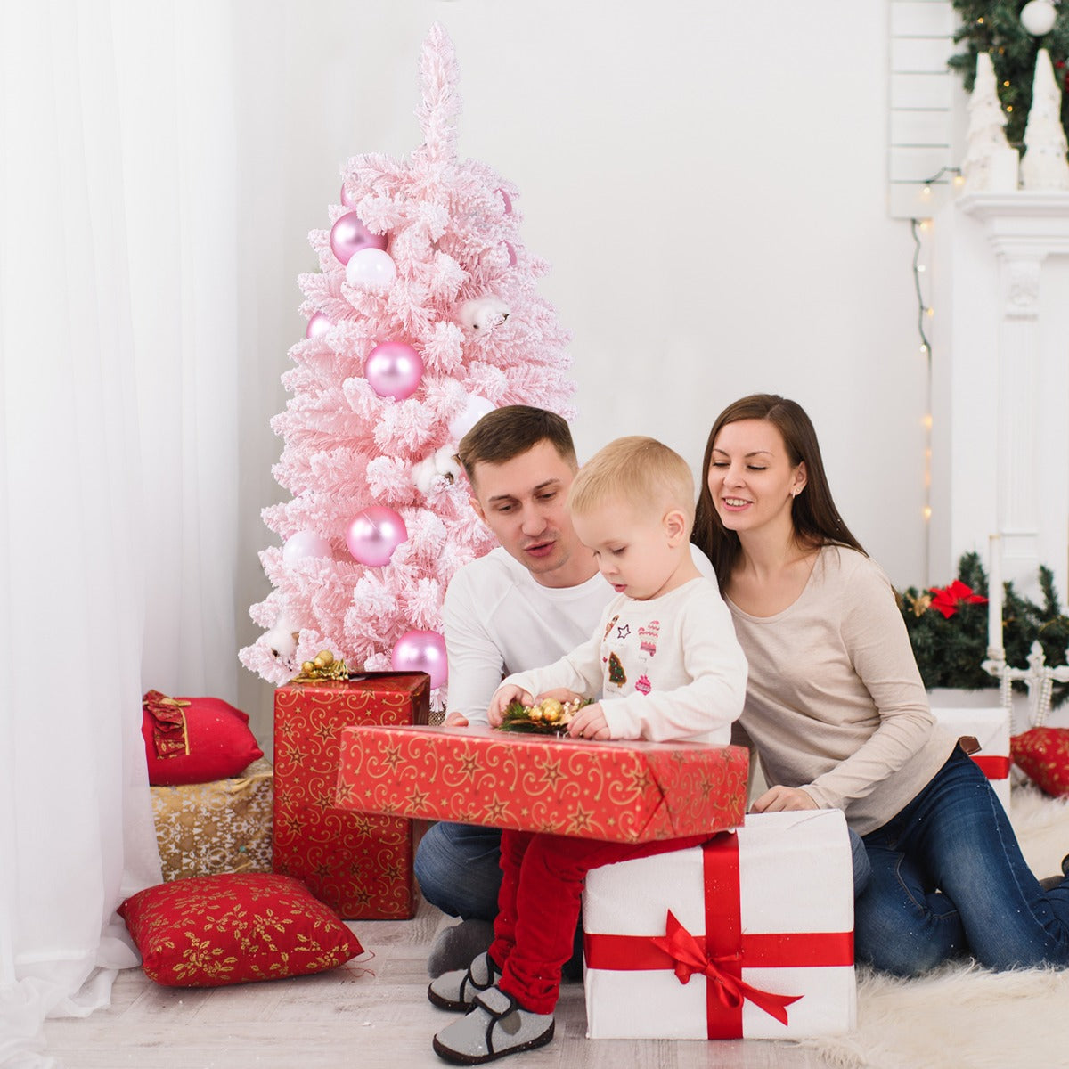 Albero di Natale artificiale mini da 90cm con 12 palline di cotone naturale, Albero da tavolo decorato Rosa-Alberi di Natale