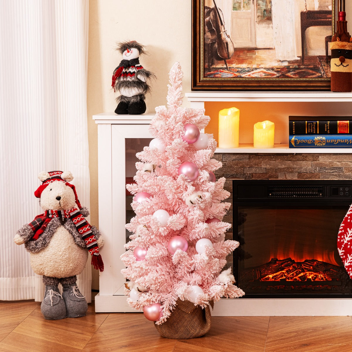 Albero di Natale artificiale mini da 90cm con 12 palline di cotone naturale, Albero da tavolo decorato Rosa-Alberi di Natale