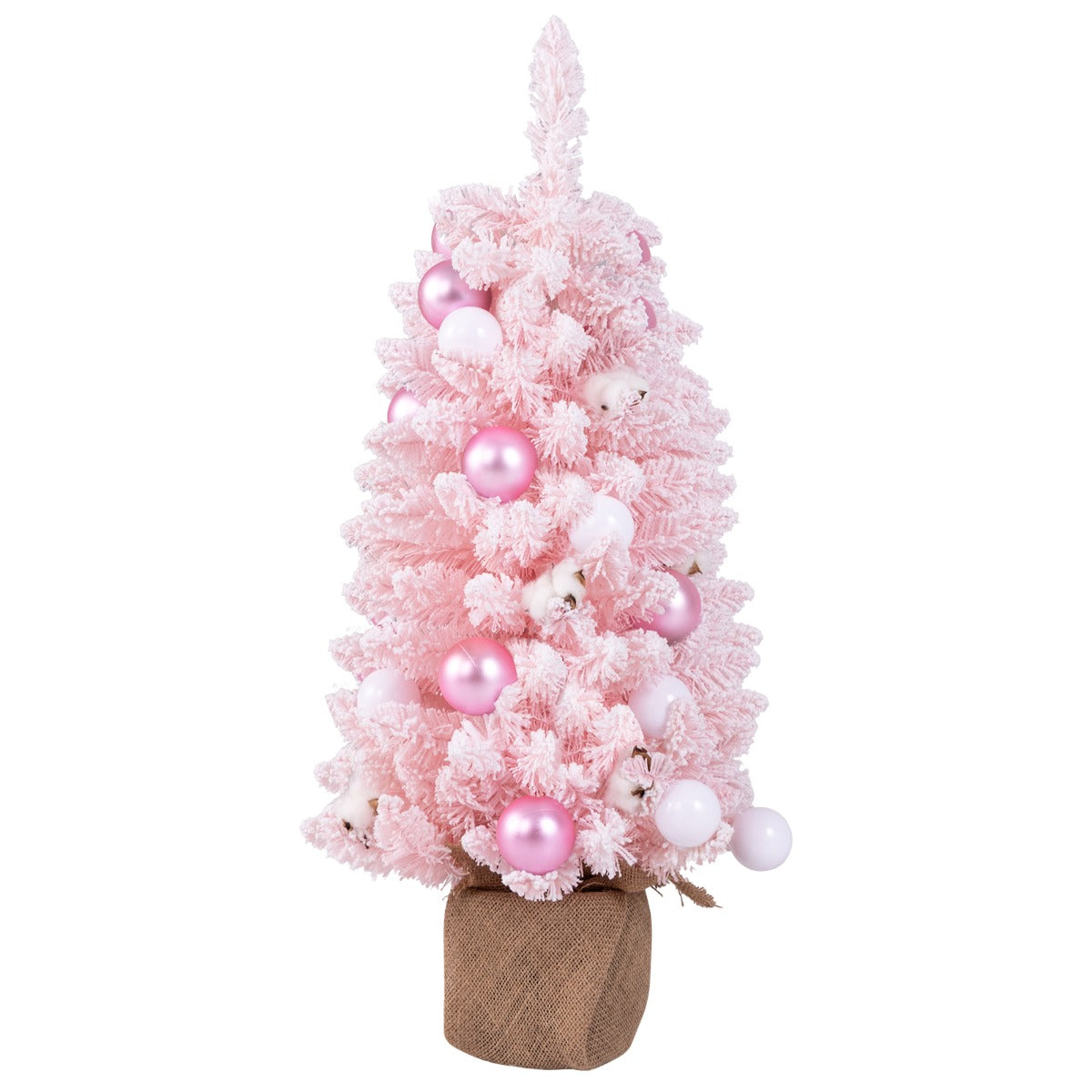 Albero di Natale artificiale mini da 90cm con 12 palline di cotone naturale, Albero da tavolo decorato Rosa-Alberi di Natale
