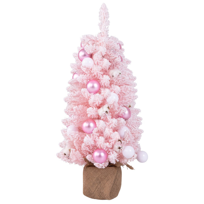 Albero di Natale artificiale mini da 90cm con 12 palline di cotone naturale, Albero da tavolo decorato Rosa-Alberi di Natale