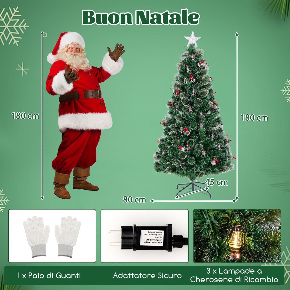 Albero di Natale 180cm con 8 modalit¨¤ di illuminazione luci led fibre ottiche, Albero natalizio artificiale ago di pino-Alberi di Natale