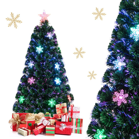 Albero di Natale con fibra ottica da 120cm, Albero di decorazione festiva con rami in pvc luci LED e fiocchi di neve-Alberi di Natale