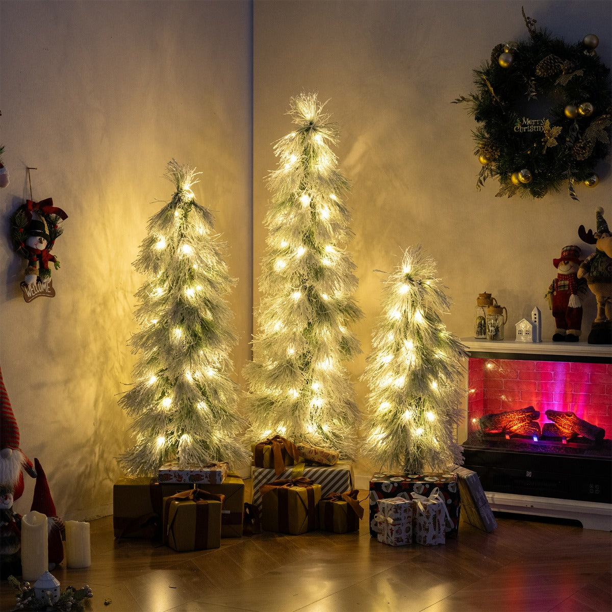 Alberi di Natale pre-illuminati con punte dei rami innevate, Set da 3 alberi di Natale artificiali da 90 cm 120 cm 150 cm-Alberi di Natale