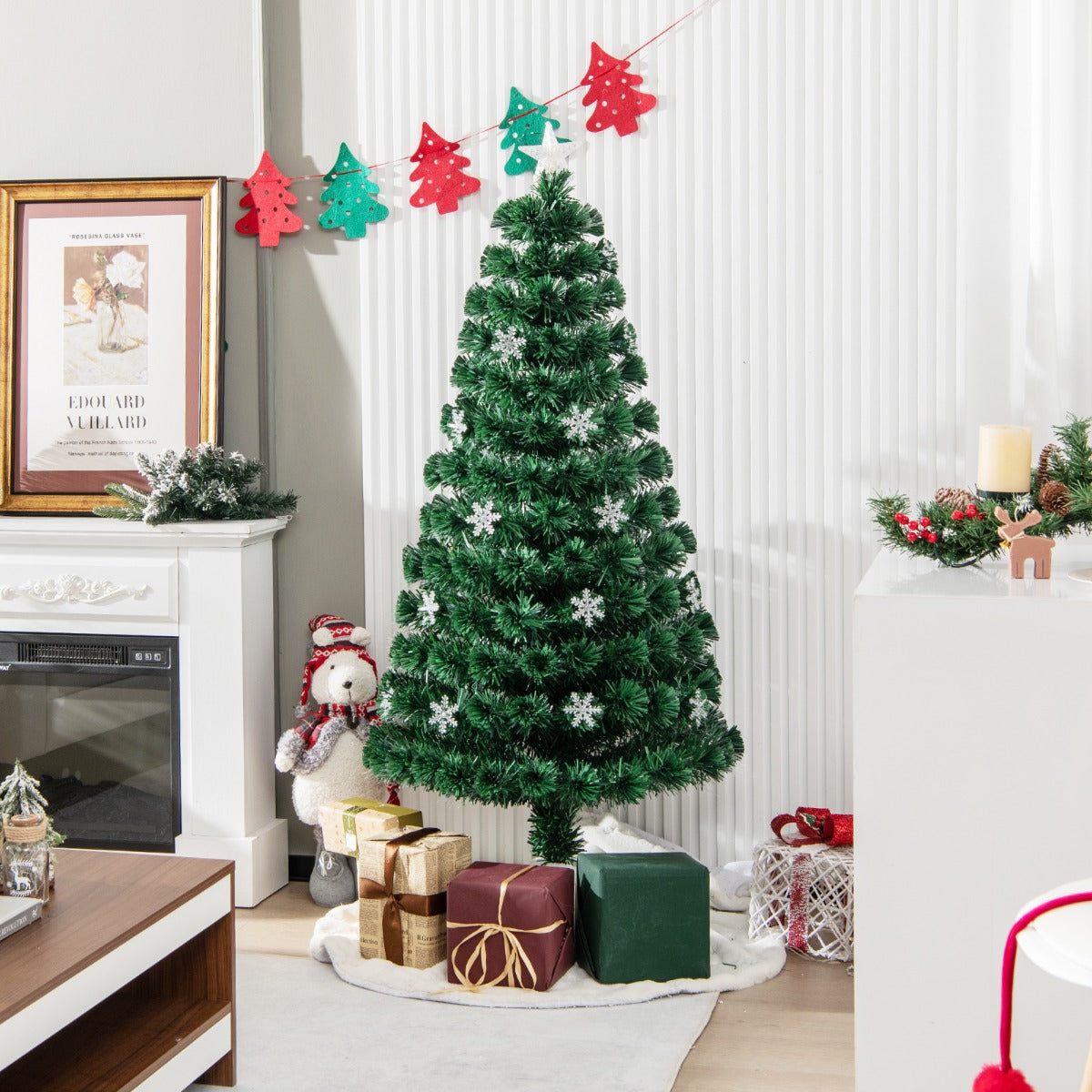 150cm Albero di natale artificiale in fibra ottica con 170 rami, 24 luci LED fiocchi di neve e stella-Alberi di Natale