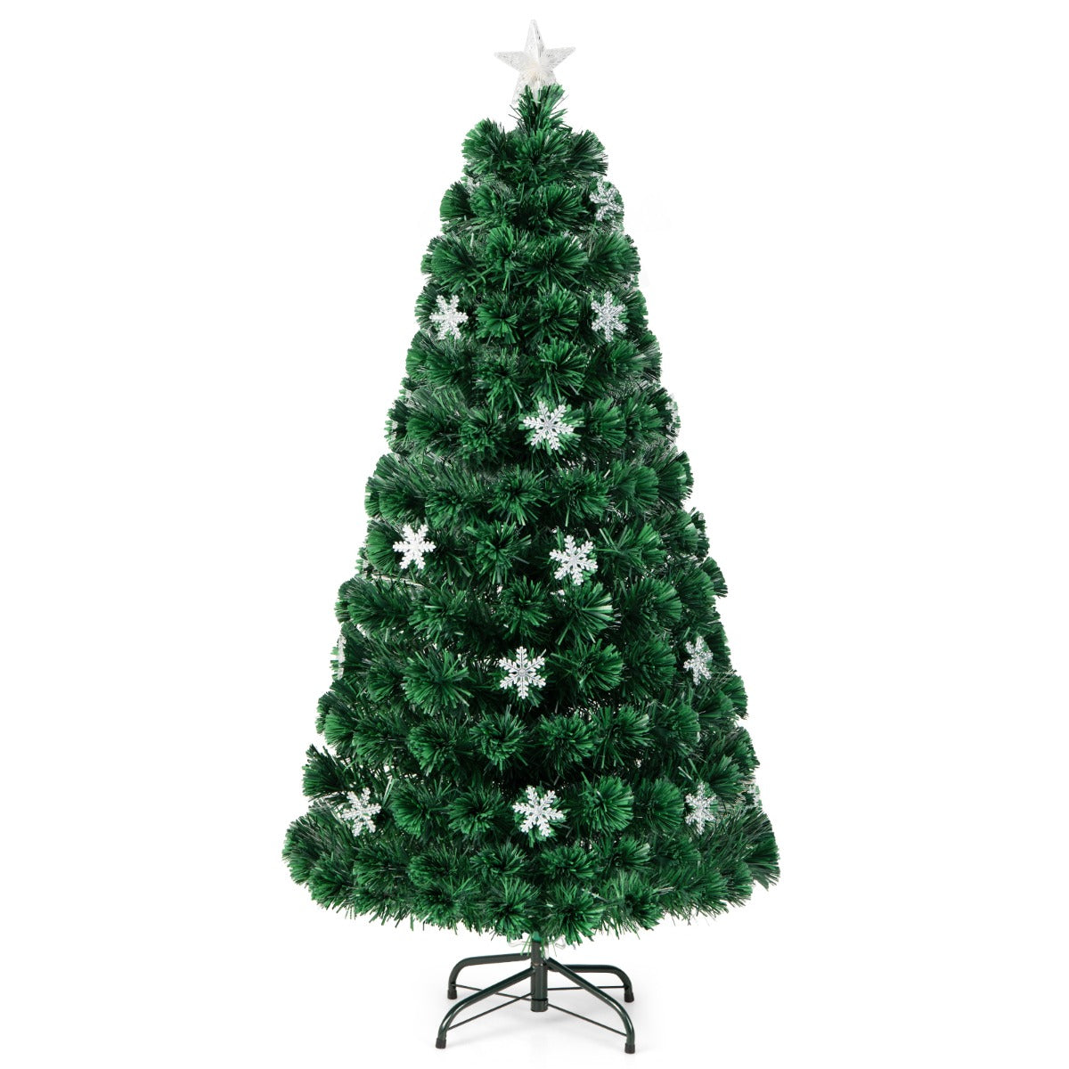 150cm Albero di natale artificiale in fibra ottica con 170 rami, 24 luci LED fiocchi di neve e stella-Alberi di Natale