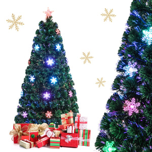 150cm Albero di natale artificiale in fibra ottica con 170 rami, 24 luci LED fiocchi di neve e stella-Alberi di Natale