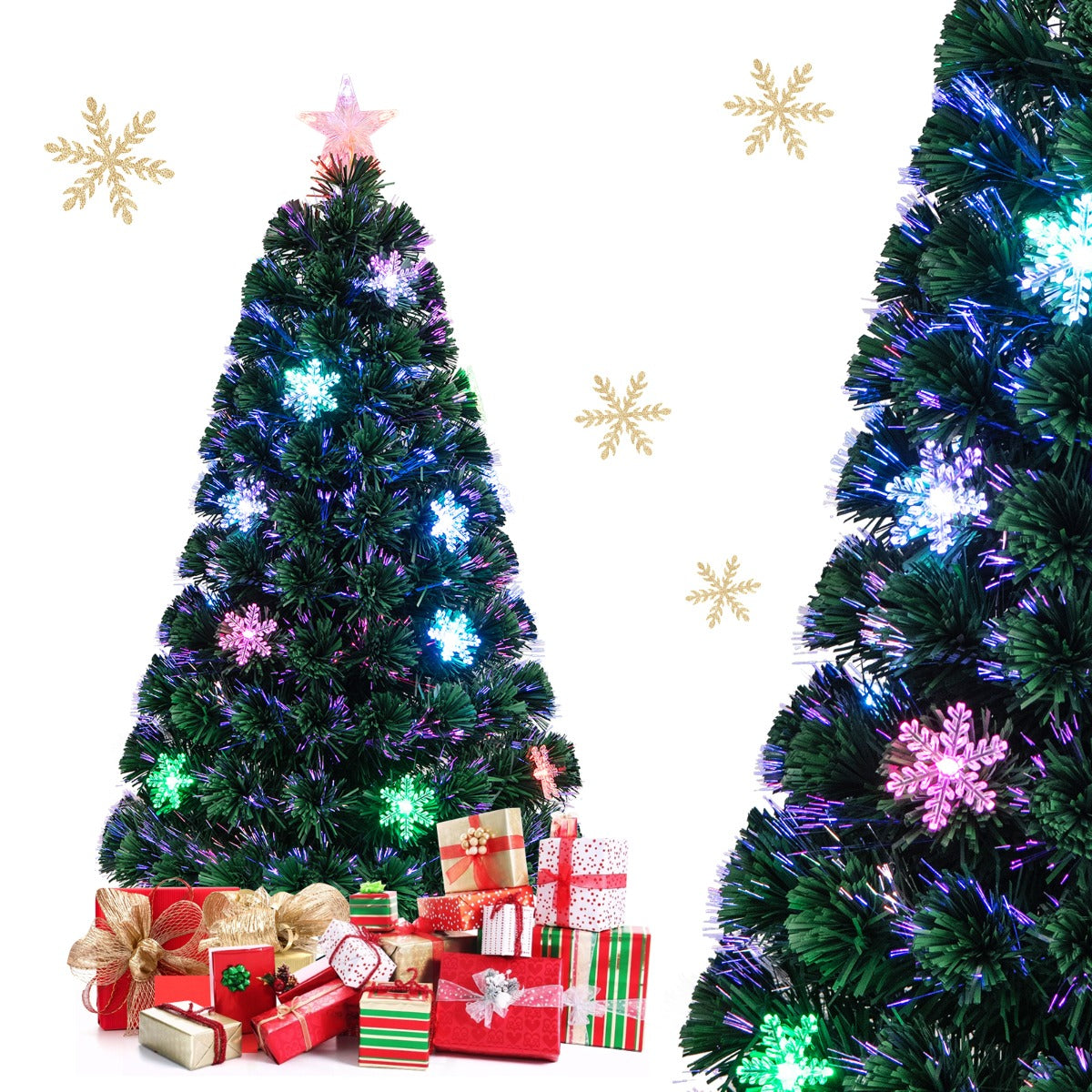 120cm Albero di natale artificiale in fibra ottica con 125 rami, 18 luci LED fiocchi di neve e stella-Alberi di Natale