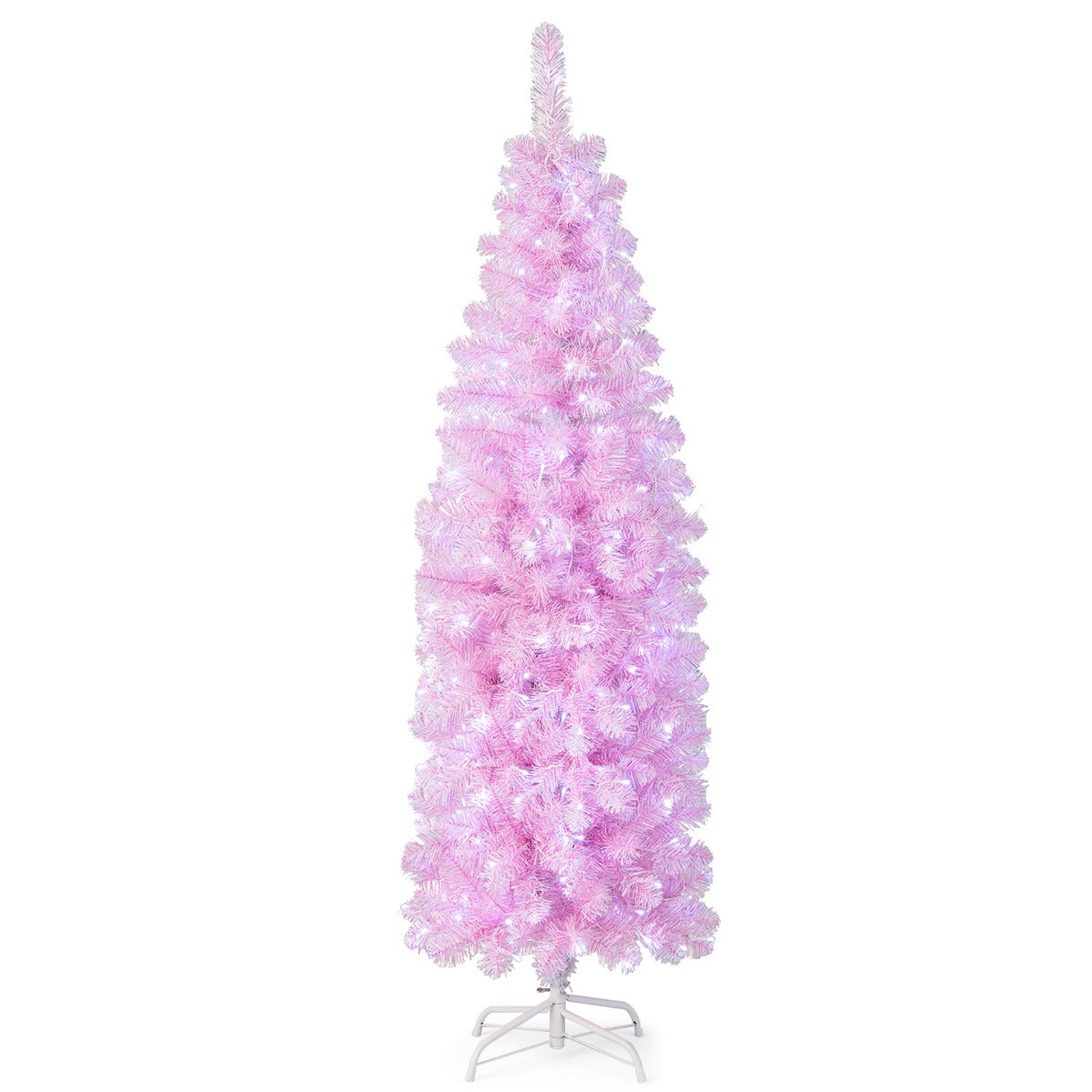 Albero di Natale artificiale pre-illuminato, Decorazione natalizia con luci LED base pieghevole in metallo 180cm-Alberi di Natale