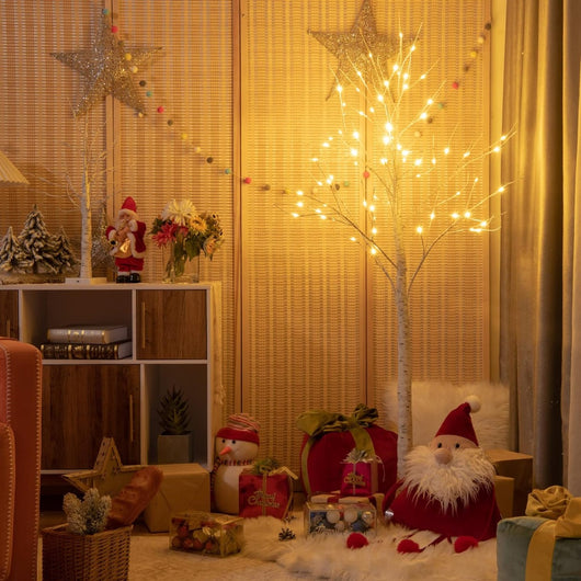 Albero artificiale illuminato con rami di betulla, Albero di Natale bianco con luci LED calde e bianche 150cm-Alberi di Natale