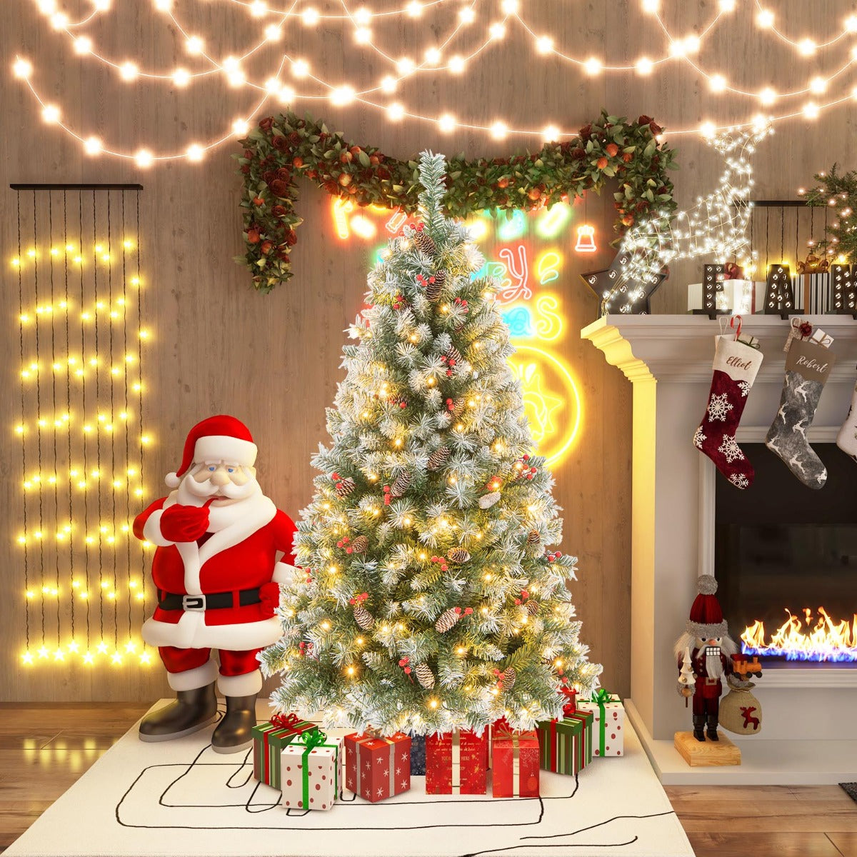 Albero di Natale pre-illuminato da 150cm, Albero artificiale con cerniere luci LED 8 modalit¨¤ di illuminazione-Alberi di Natale