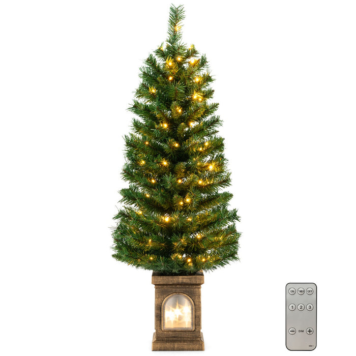 Albero di Natale finto pre-illuminato in vaso da 120cm, Albero d'ingresso artificiale con 100 luci LED timer-Alberi di Natale