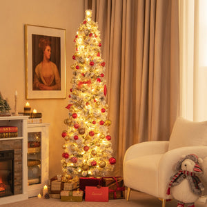 Albero di Natale pre-illuminato con 150 luci bianche calde 373 rametti aghi di pino, Albero di Natale slim 180cm-Alberi di Natale