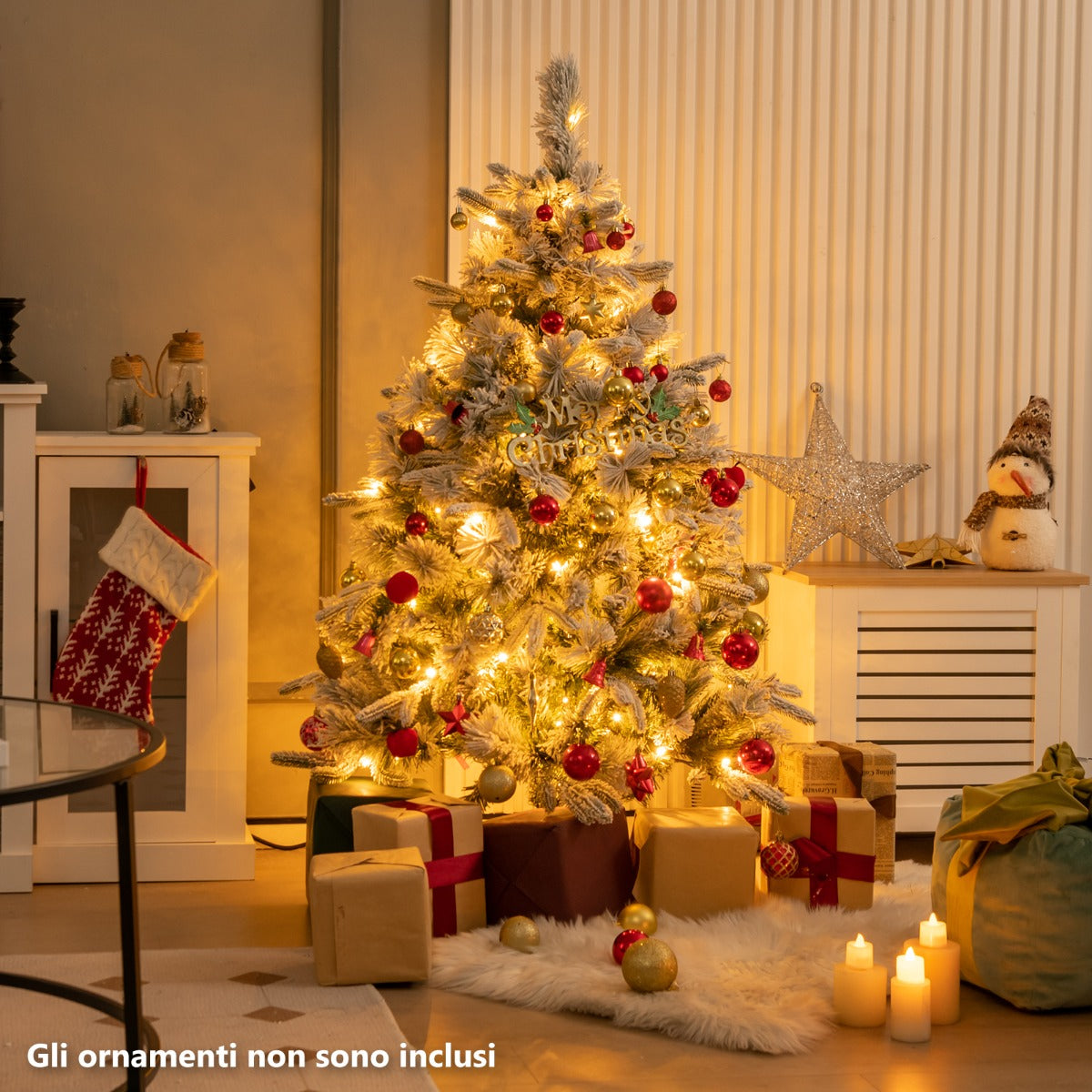 Albero di Natale artificiale da 136cm con 150 luci LED e 384 punte di ramo miste, Albero di Natale flockato-Alberi di Natale