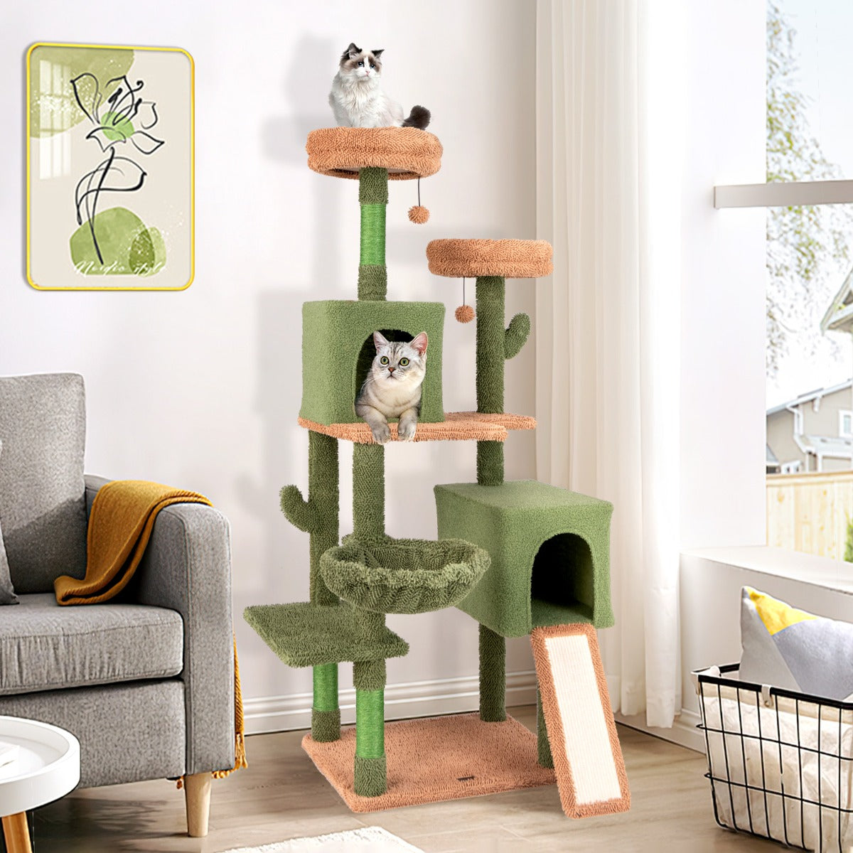 Albero per gatti 160cm a cactus con pali di graffiatura in sisal e scala, Torre per gatti multi-livello Verde-Alberi Tiragraffi