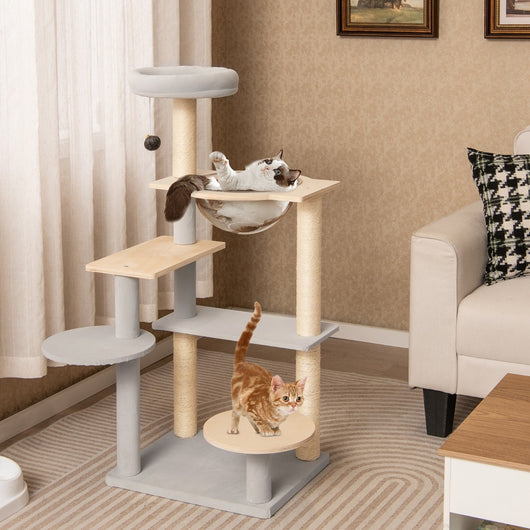 Albero per gatti a pi¨´ livelli con piattaforma imbottita rimovibile, Centro attivit¨¤ per gatti da interno alto 113cm-Alberi Tiragraffi