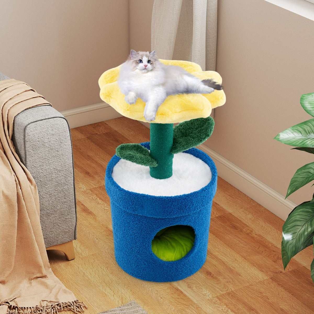 Albero per gatti per interni con posatoio a forma di fiore, Centro di attivit¨¤ versatile per animali domestici Giallo-Alberi Tiragraffi
