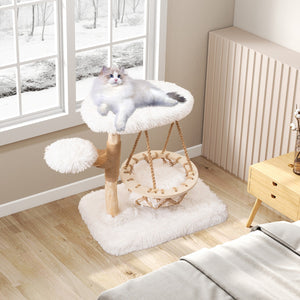Torre per gattini moderna con dondolo appeso tiragraffi piattaforme imbottite, Albero per gatti in legno carino Bianco-Alberi Tiragraffi