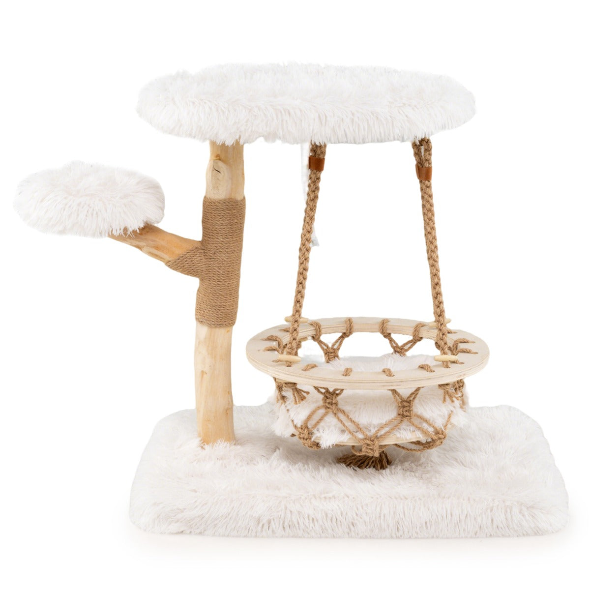 Torre per gattini moderna con dondolo appeso tiragraffi piattaforme imbottite, Albero per gatti in legno carino Bianco-Alberi Tiragraffi