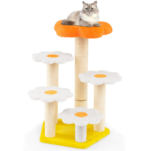 Torre per gatti con comodo trespolo in morbido peluche in sisal per saltare, Albero per gatti da interno a forma di fiore Giallo-Alberi Tiragraffi