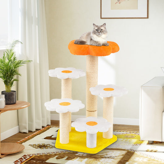 Torre per gatti con comodo trespolo in morbido peluche in sisal per saltare, Albero per gatti da interno a forma di fiore Giallo-Alberi Tiragraffi