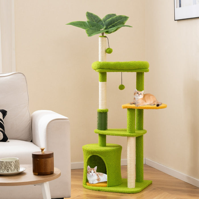 Torre multi-livello per gatti con foglie artificiali e postazione imbottita, Centro attivit¨¤ per animali domestici Verde-Alberi Tiragraffi