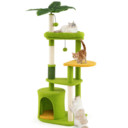 Torre multi-livello per gatti con foglie artificiali e postazione imbottita, Centro attivit¨¤ per animali domestici Verde-Alberi Tiragraffi