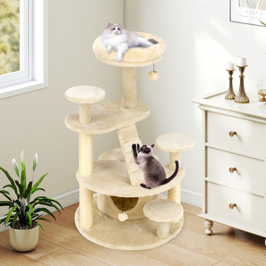 Albero per gatti adulti con condominio e piattaforma imbottita, Centro attivit¨¤ per animali domestici interno Beige-Alberi Tiragraffi